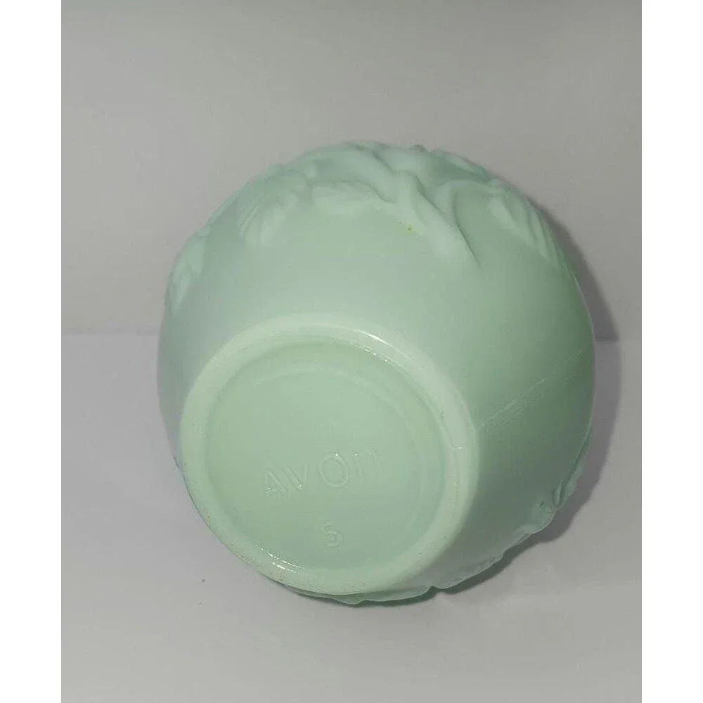 Vintage Avon Green Glass Pitcher Vase / Jadeite Style Floral Rose Relief / Cotta